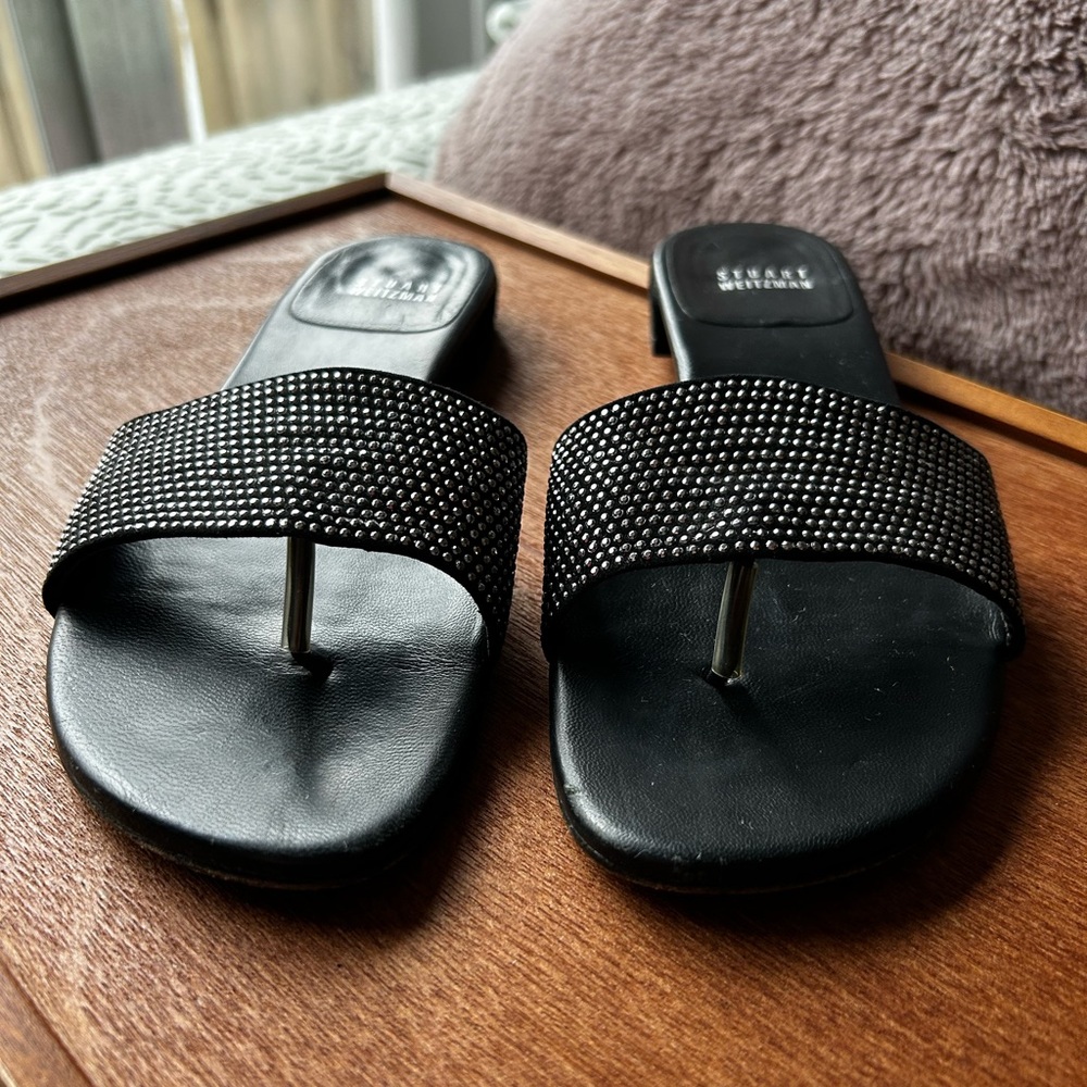 Stuart Weitzman Black Embellished Slide Sandals